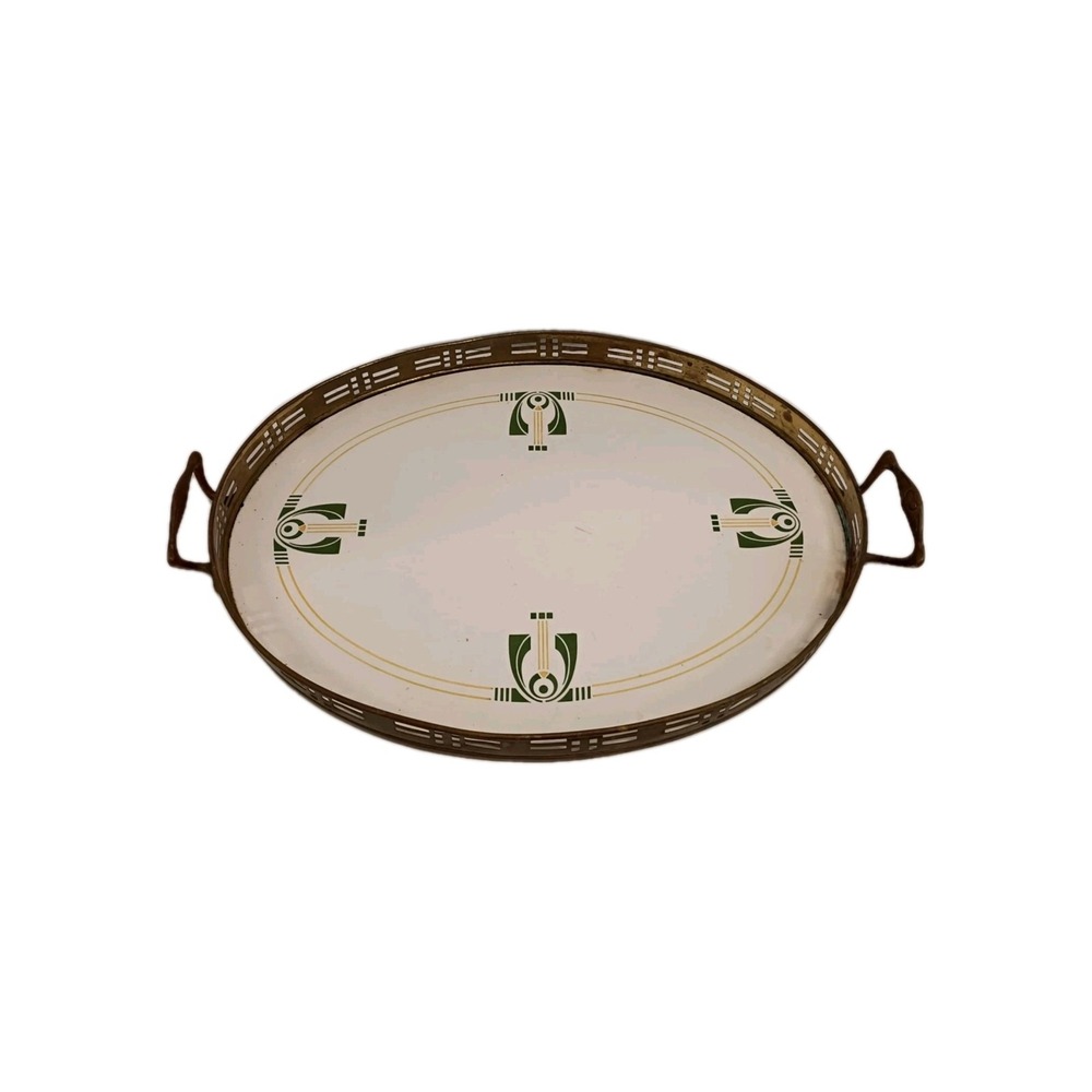 Antique Art Nouveau Jugendstil Porcelain Tray Metal Rim c.1900 Van Der Hoef